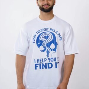 A man wearing a white t-shirt with a motivational print, standing against a plain background.